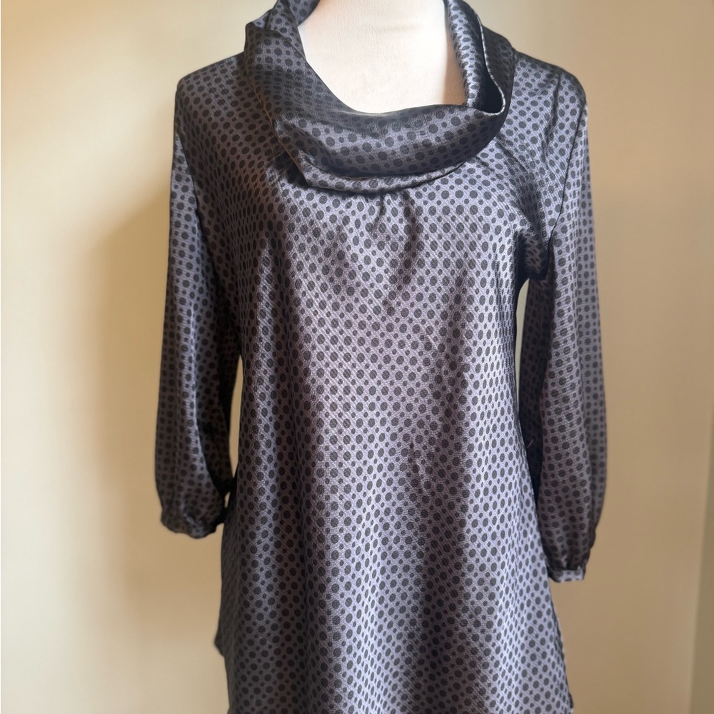 Black PolkaDot Blouse cowl  longsleeve preppy Y2K‎ boho medium whimsi m dainty